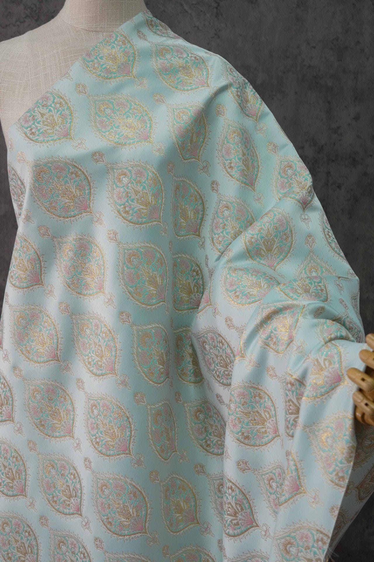 Gold Thread Jacquard Fabric: Foil Peacock Feather Upholstery, 59" Wide