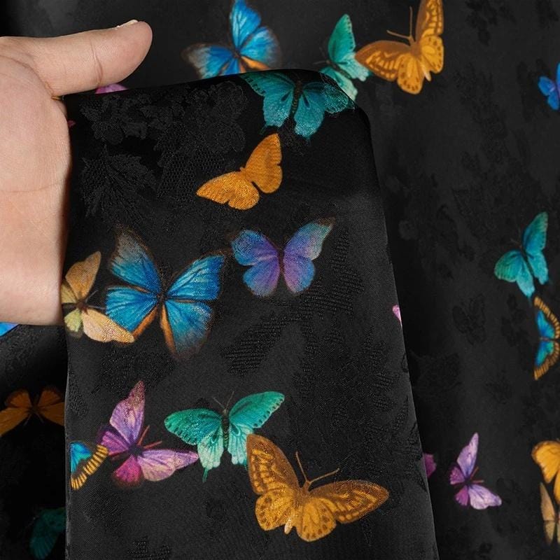 Rayon Shantung Fabric: Black Butterfly Print, Costume, Upholstery, 55"W