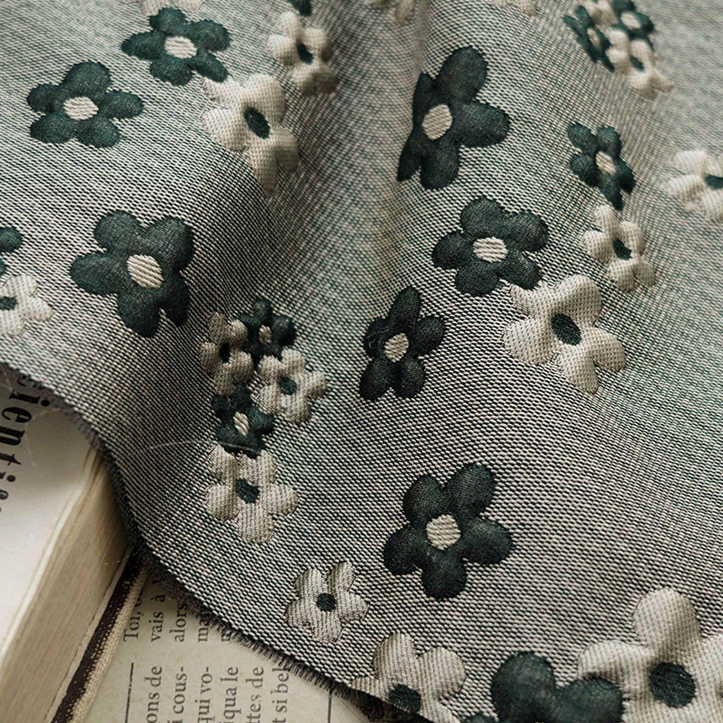 Green Grey Jacquard Fabric: 3D Flower Design, Upholstery & Costume