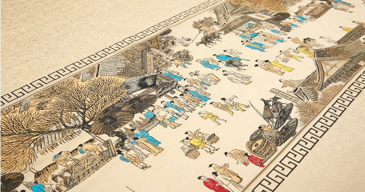 Khaki Silk Brocade Fabric: Ancient Chinese Painting, 118" Wide