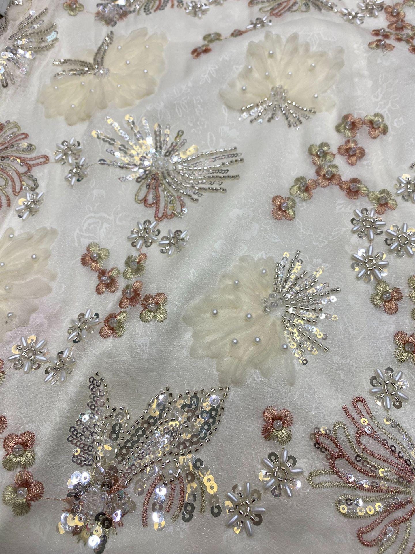 Embroidered Sequin Chiffon Fabric - Colorful Floral Design (45"W)