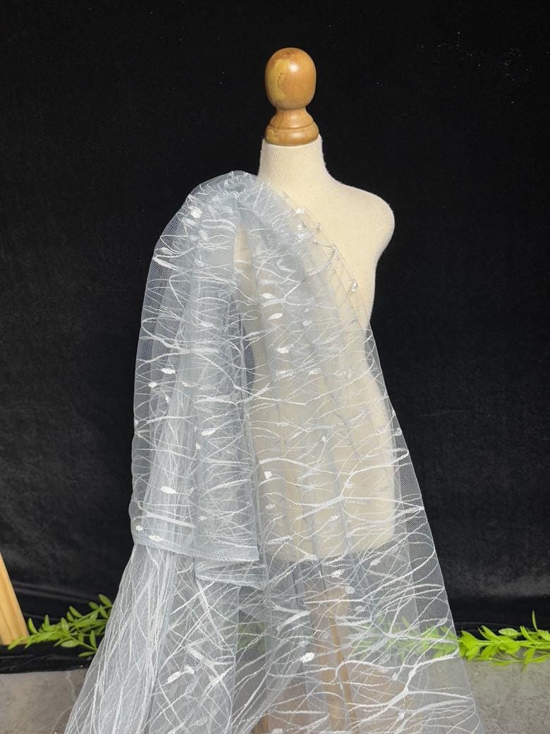 Embroidered Sequin Lace Fabric: Light Blue-Gray Tulle, 59" Wide