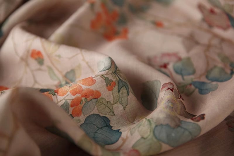 Floral Ramie Fabric: Dunhuang Ink Print, Natural Fiber, 57" Wide