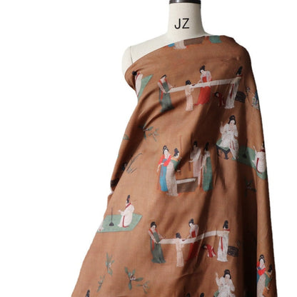 Tang Dynasty Style Linen Fabric: Court Ladies Sewing Silk (55"W)