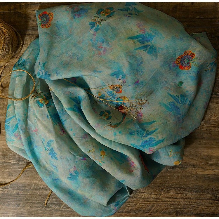 Teal Ramie Fabric: Floral Bird Print, Cheongsam Qipao Material, 55" Wide - Poppylollipop