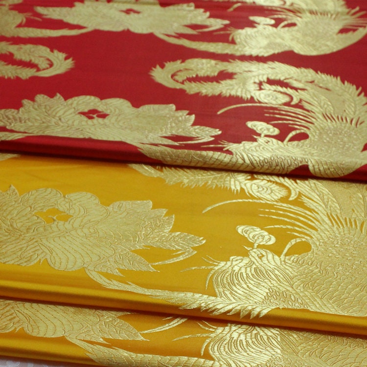 Red & Gold Phoenix Jacquard Satin Brocade Fabric - Chinese Wedding Dress Fabric By The Meter