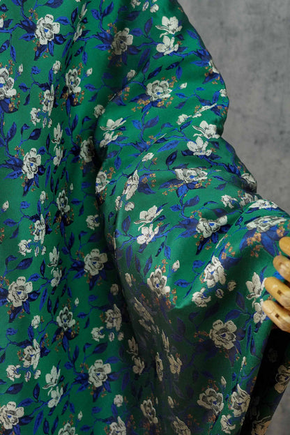 Green Camellia Jacquard Brocade Satin Fabric ��� Floral Textile for Dresses, Costumes & Home Dec"Wide