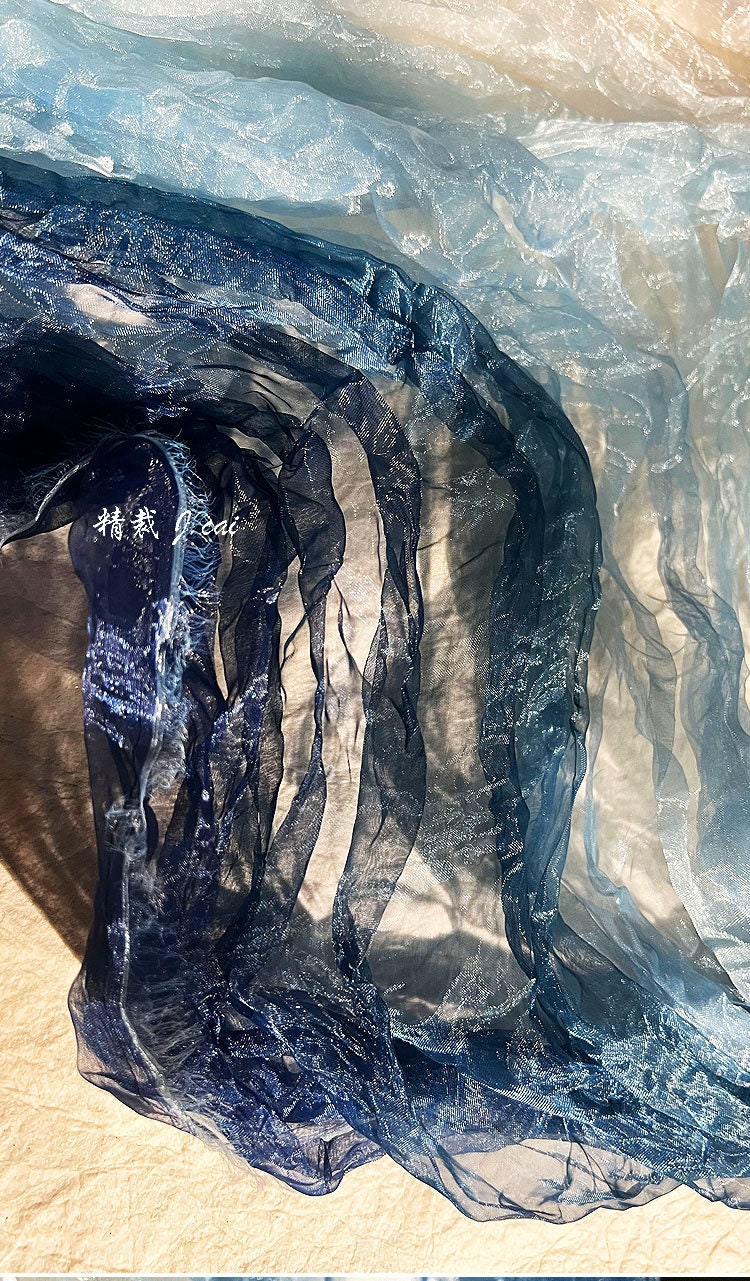 Blue Gradient Organza Fabric: Irregular Pleats, 55" Wide