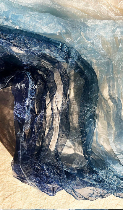Blue Gradient Organza Fabric: Irregular Pleats, 55" Wide