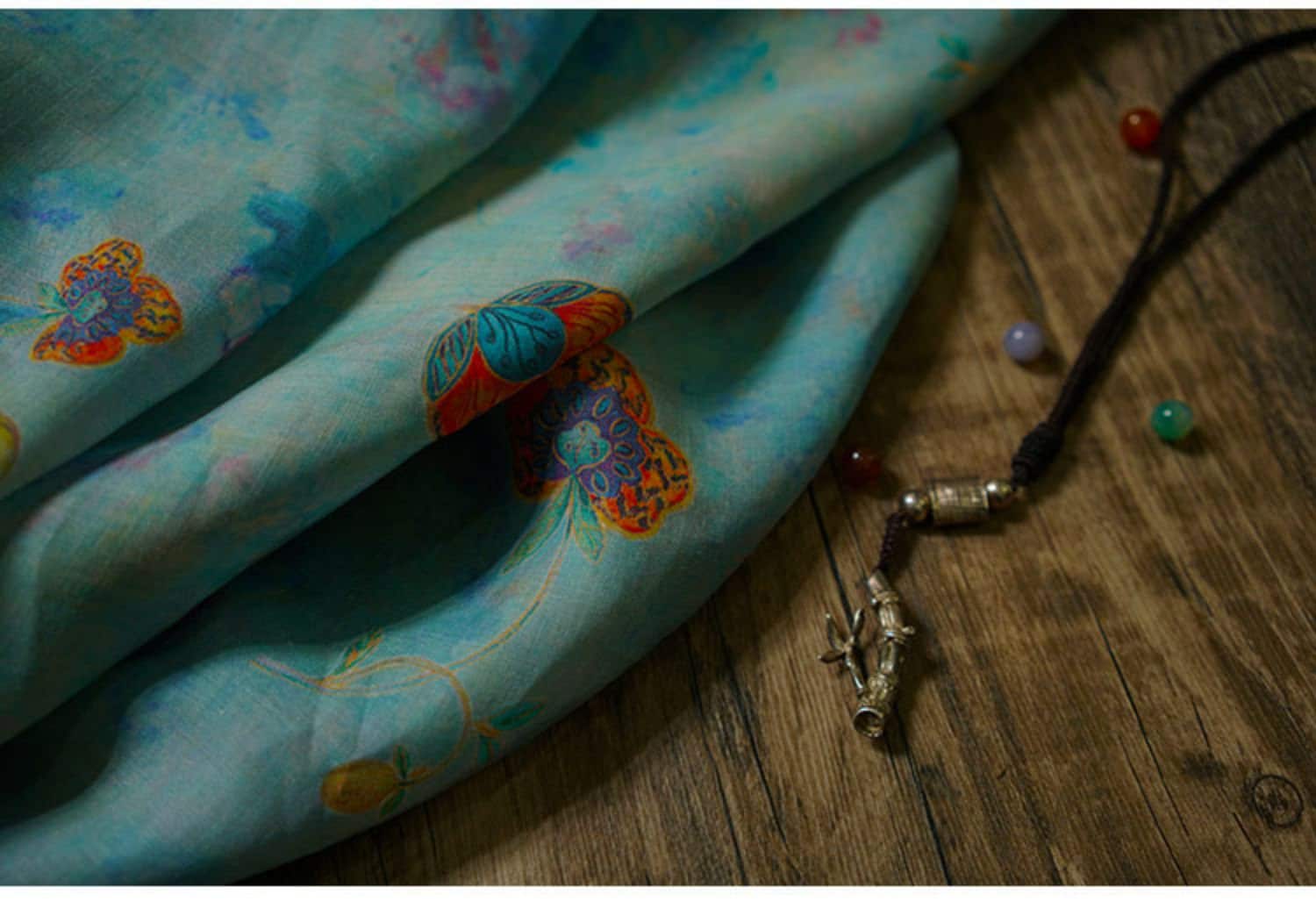 Teal Ramie Fabric: Floral Bird Print, Cheongsam Qipao Material, 55" Wide - Poppylollipop