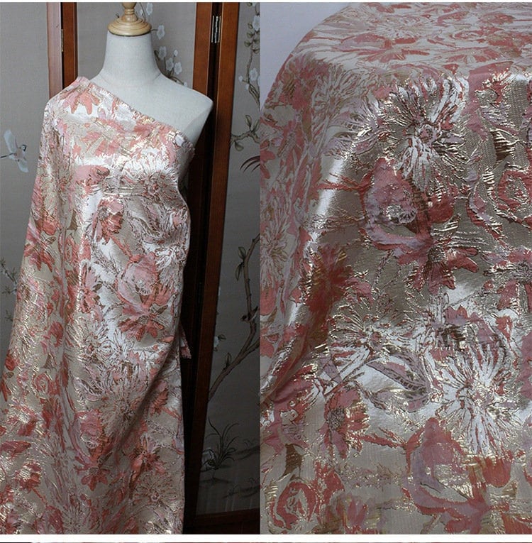 Gold Thread Jacquard Fabric: 3D Flower Design, 56" Wide