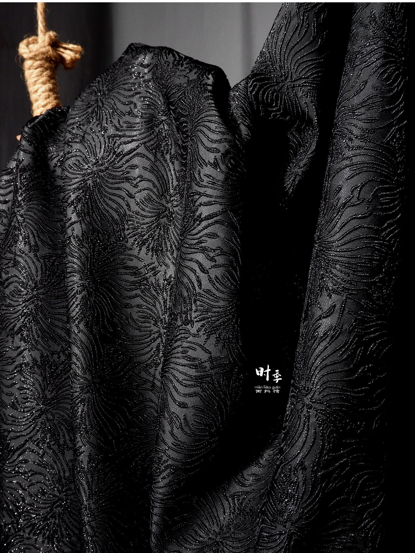 Black Spider Lily Jacquard Fabric | Embossed 3D Floral Brocade, 52" Wide