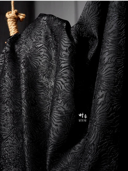 Black Spider Lily Jacquard Fabric | Embossed 3D Floral Brocade, 52" Wide