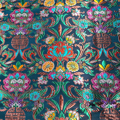 59"W Teal Jacquard Brocade Fabric ��� Longevity Peony Flower, High-Density Satin, Traditional Asian Textile for Quilting, Costumes, Home