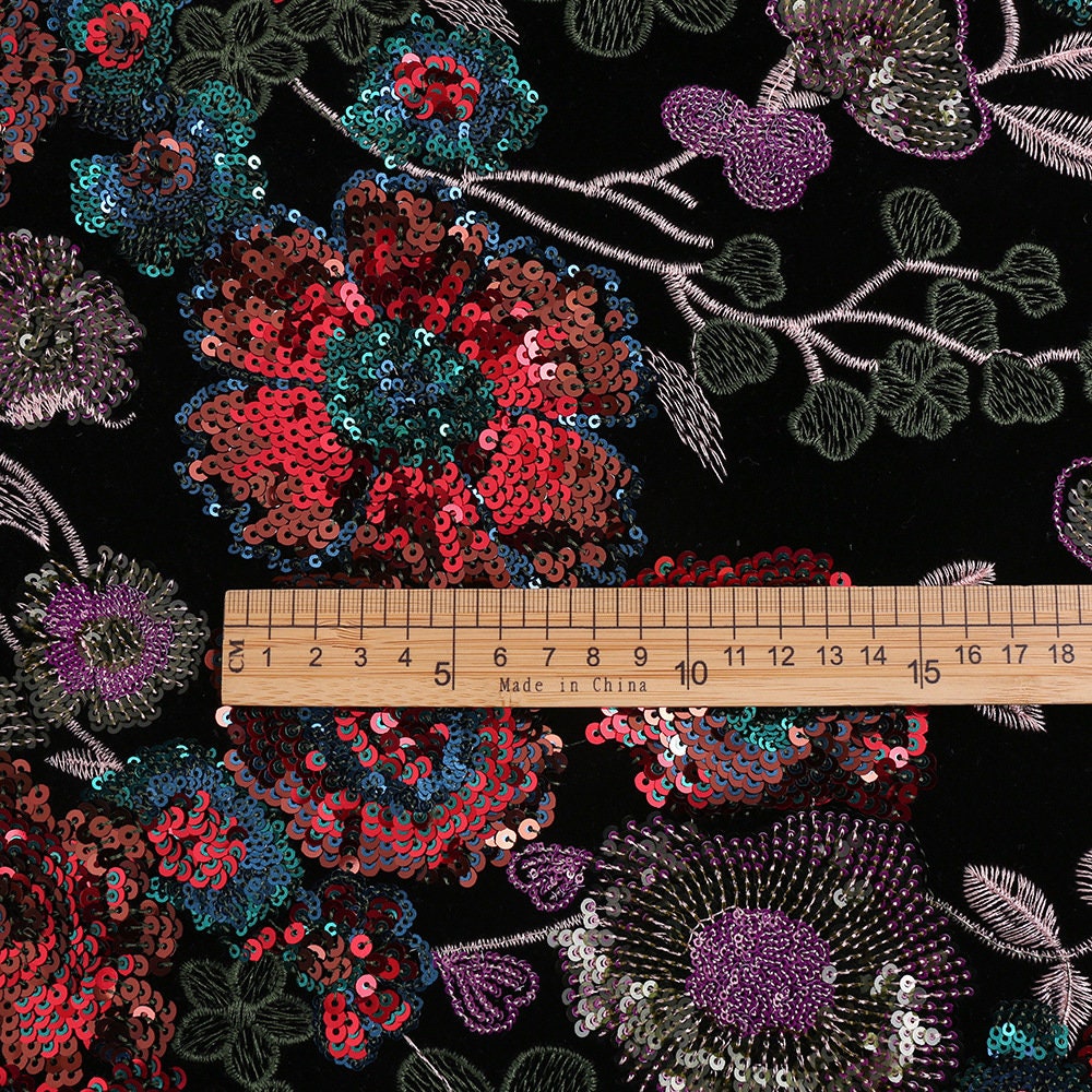 Embroidered Velvet Fabric: Bamboo Floral, 49��� Wide - Cheongsam, Upho