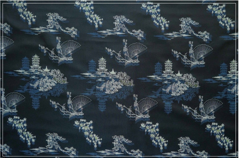 Jacquard Fabric: Ancient Fan Pattern Silk Rayon Blend, 67"W