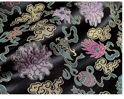 Black Brocade Jacquard Fabric: Gold Peony Floral Cloud - Oriental Dressmaking, Upholstery