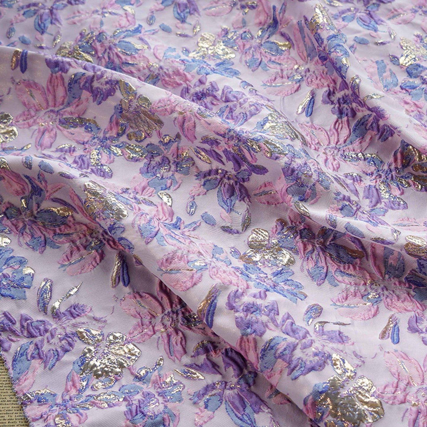 Gold Thread Floral Jacquard Fabric: Pink Purple 3D Designer Fabric, 55"W