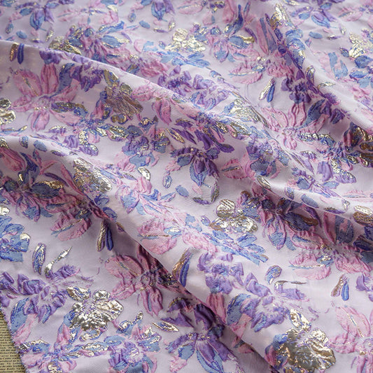 Gold Thread Floral Jacquard Fabric: Pink Purple 3D Designer Fabric, 55"W