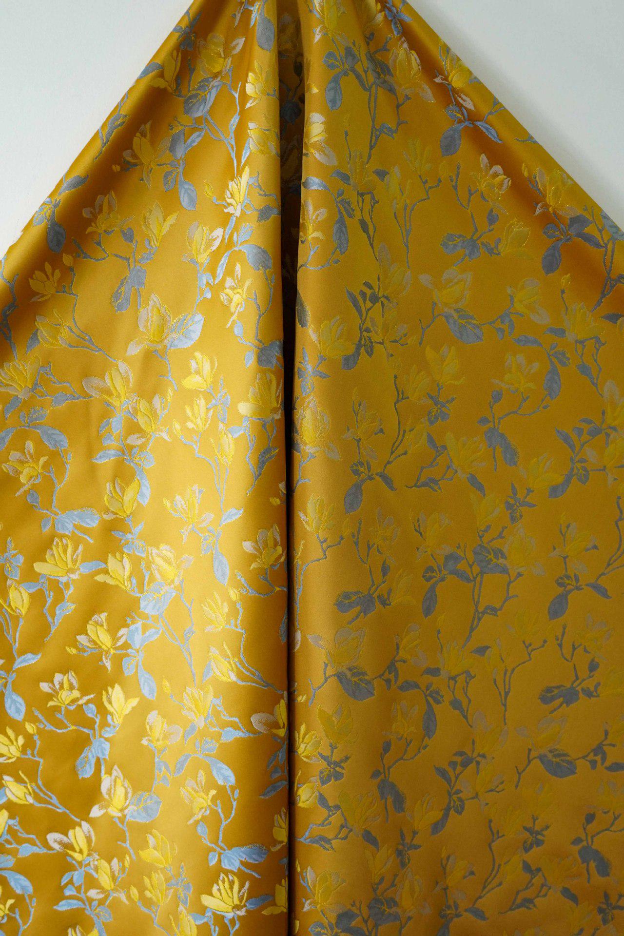 Yellow Magnolia Double-Sided Jacquard Upholstery Fabric ��� Elegant Home Decor Material by the Ya"Wide