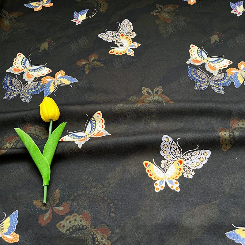 Butterfly Print Cotton Fabric: Black New Chinese Style (56" Wide)