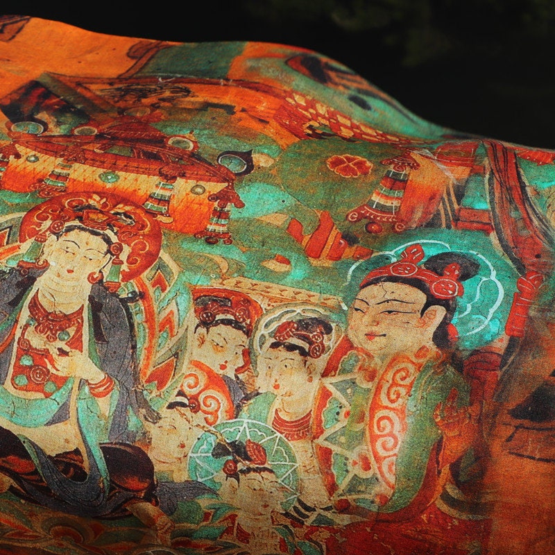 Dunhuang Murals Linen Fabric: Asian Style Upholstery & Sewing, 55"W