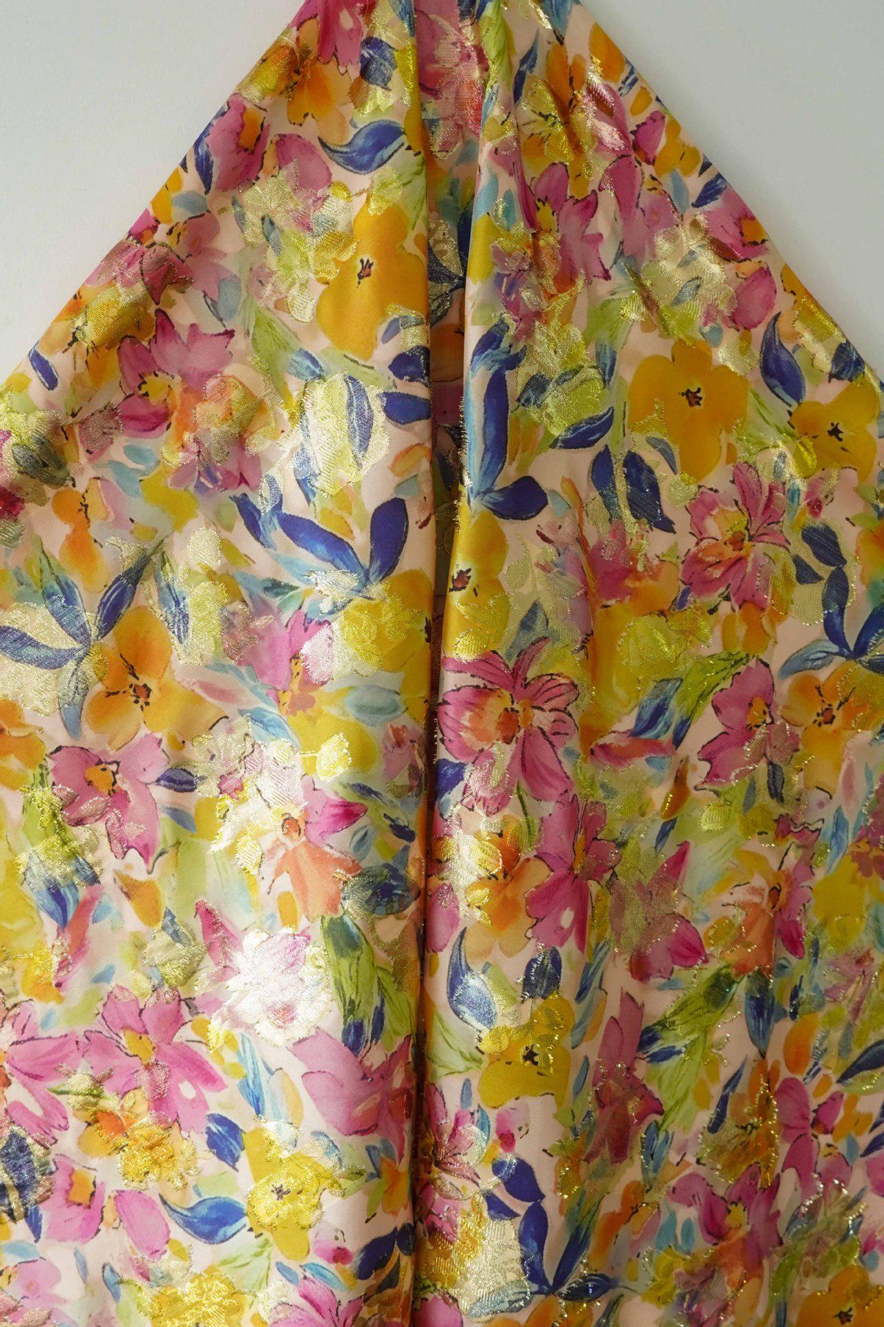Floral Jacquard Woven Fabric: 3D Gold Thread Embossed Texture, 57" Wide