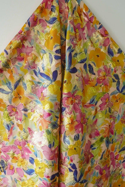 Floral Jacquard Woven Fabric: 3D Gold Thread Embossed Texture, 57" Wide