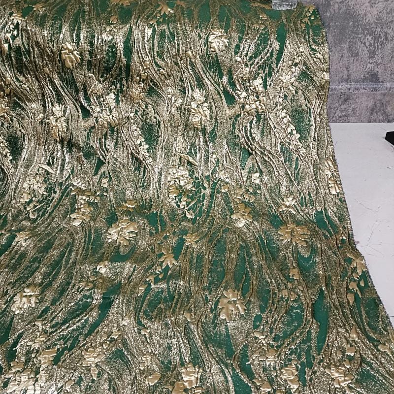 Green Jacquard Fabric with Gold Thread: Deer & Floral Design, 55" Wide