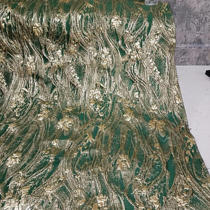 Green Jacquard Fabric with Gold Thread: Deer & Floral Design, 55" Wide