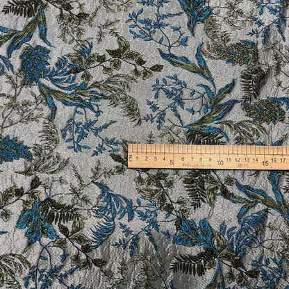 Tissu jacquard à motif de feuilles bleu paon : tissu d’ameublement et de costumes, 145 cm de large