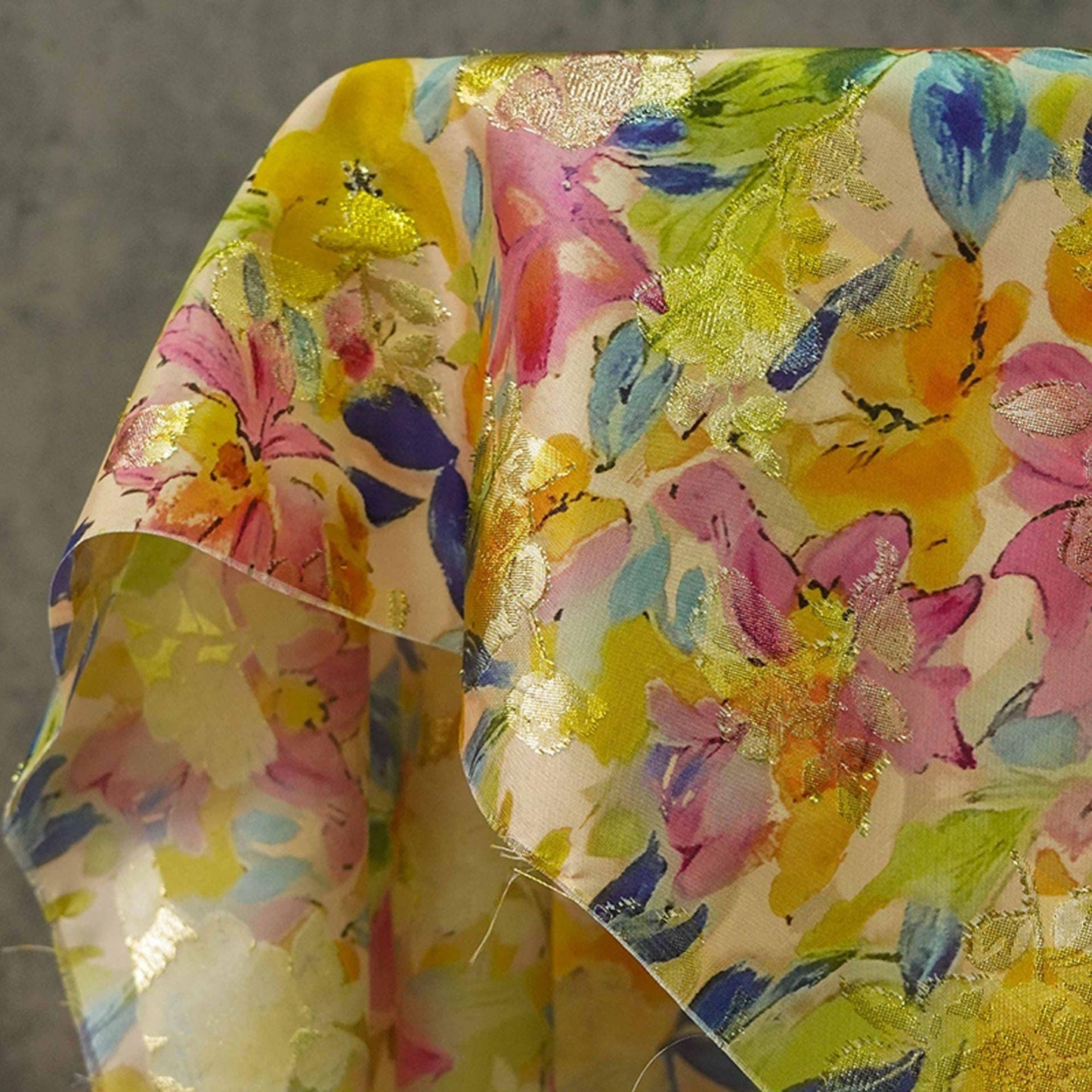 Floral Jacquard Woven Fabric: 3D Gold Thread Embossed Texture, 57" Wide