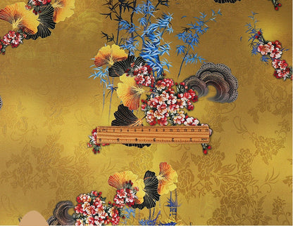 Tissu satin de soie Ginkgo Tea : imprimé floral, 150 cm de large