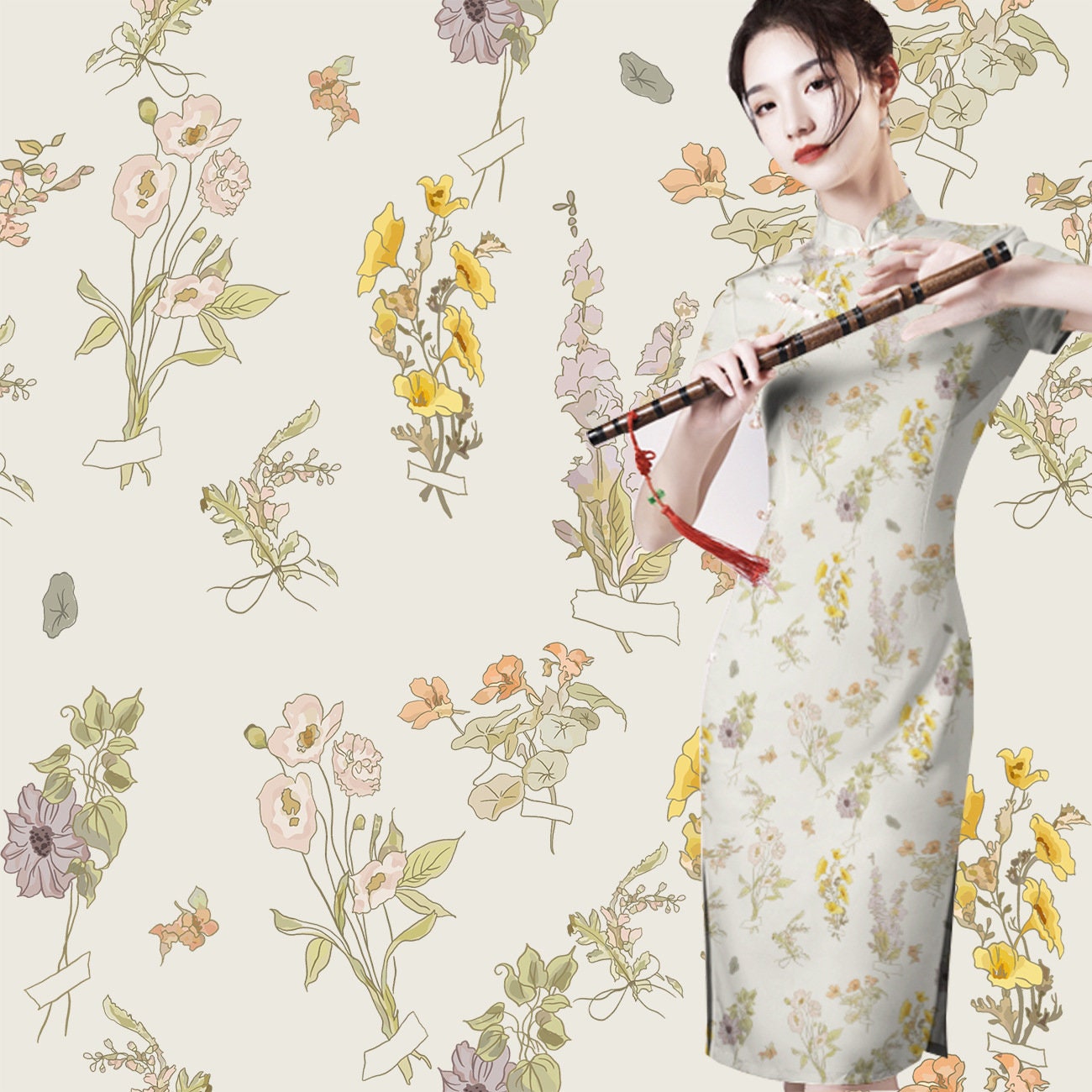 Floral Satin Fabric: Beige Soft Printed Polyester Spandex Blend, 59" Wide