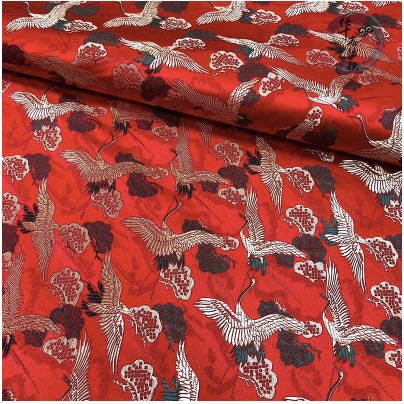 Crane Brocade Fabric: Colorful Asian Decor Fabric by the Meter