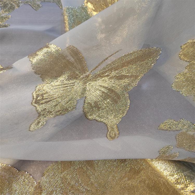 Gold Thread Jacquard Organza Fabric: 3D Embossed Texture, 57" Wide