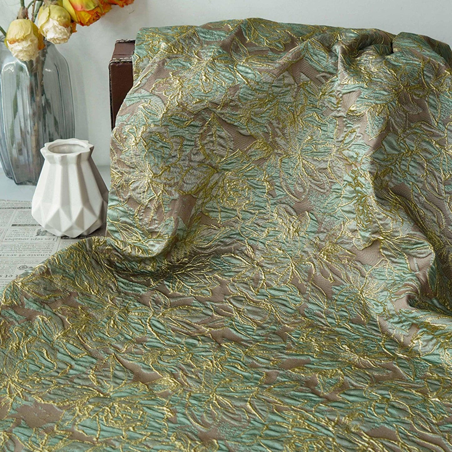 Embossed Floral Jacquard Fabric ��� Gold Thre" Wide