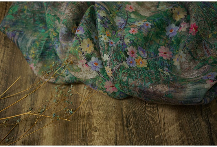 Tissu ramie nénuphar : imprimé floral léger, 140 cm de large