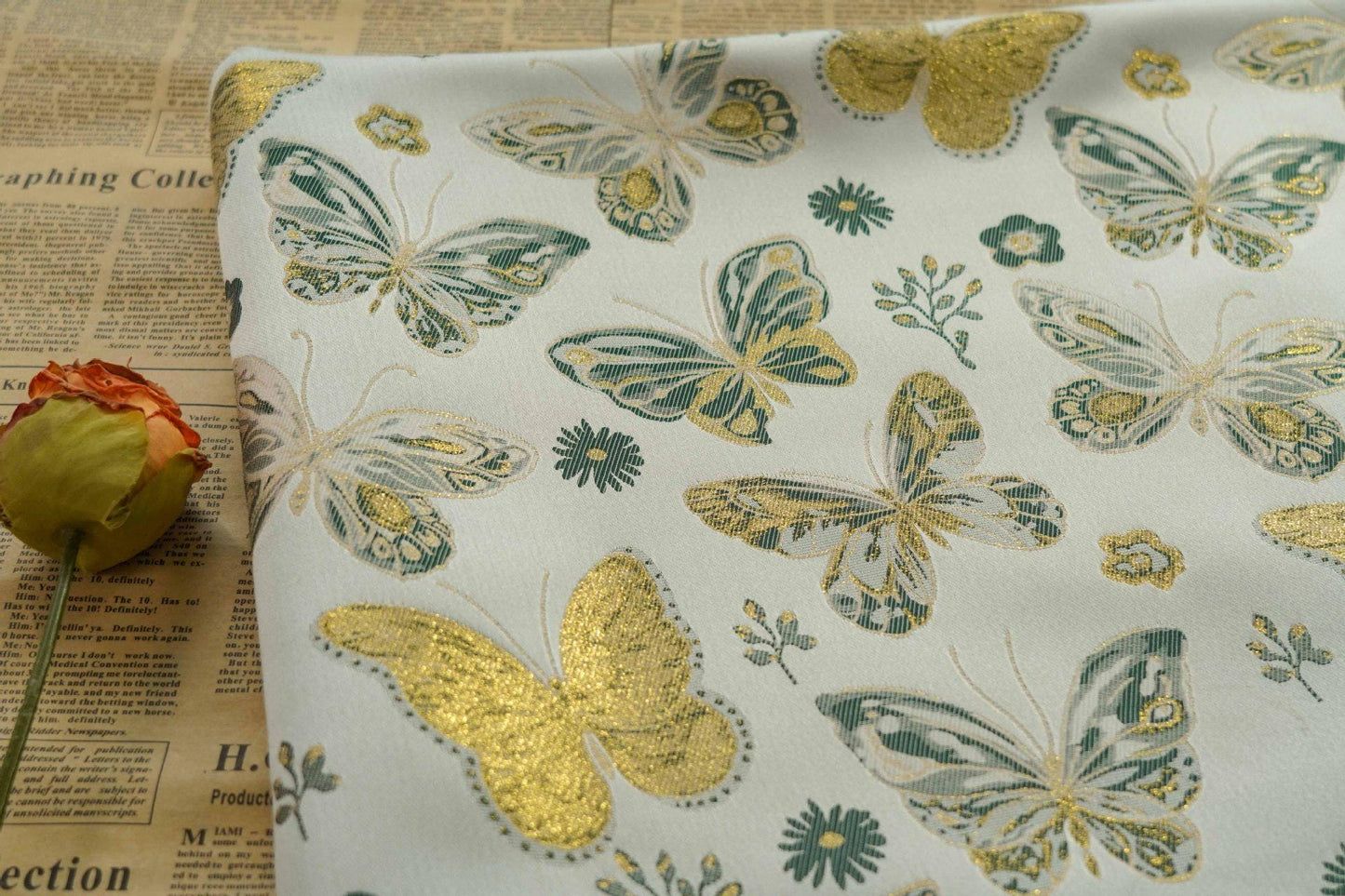 Gold Thread Butterfly Jacquard Fabric: Beige Costume & Upholstery Fabric