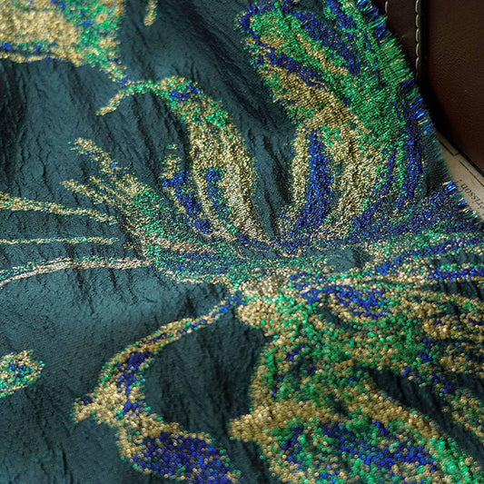 Dark Green Floral Jacquard Fabric with Gold Thread - 55" Wide - By The Yard
