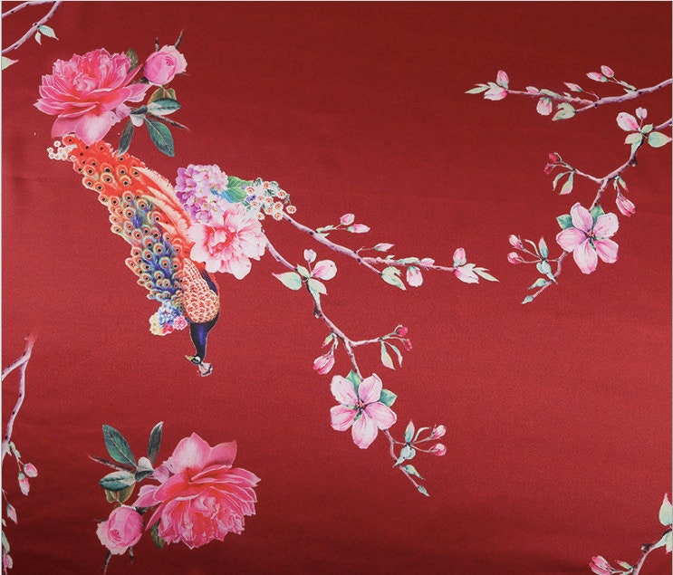 Crane Print Satin Rayon Fabric: Soft Bridal Fabric By The Meter