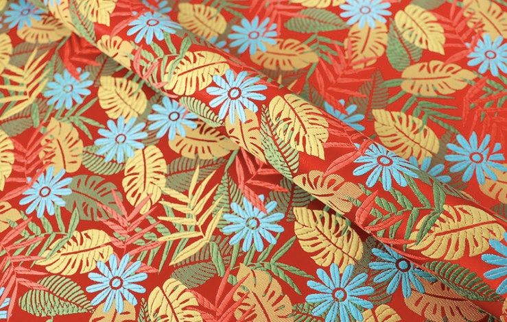 Tissu brocart jacquard à motif floral : motif de feuilles chinoises, largeur 75 cm