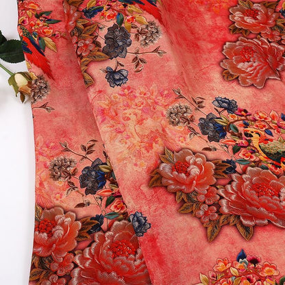 Peony Floral Rayon Silk Fabric: Chinese Print Dressmaking Material, 59" Wide