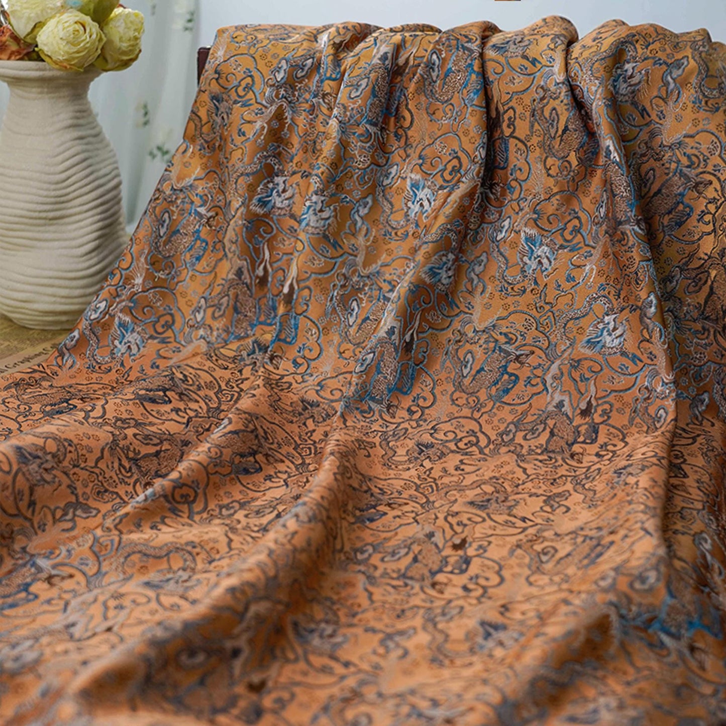 Handmade Silk Brocade Fabric: Chinese Song Dynasty Style, 59" Wide