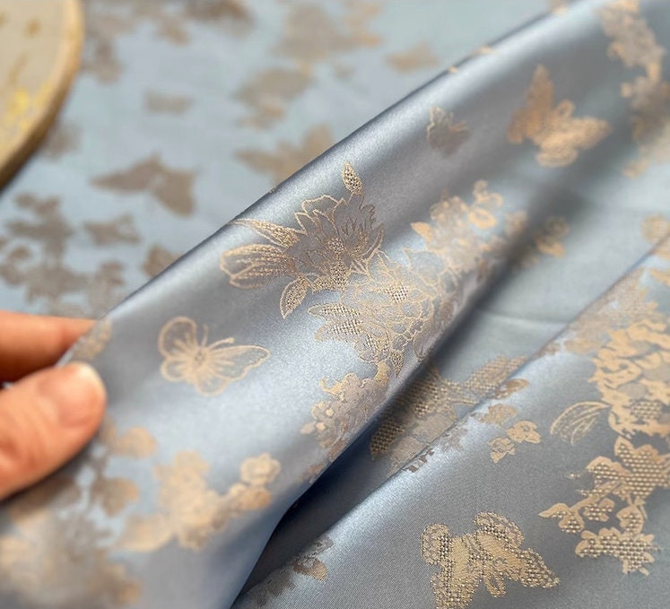 Aqua Blue Butterfly Nishijin Fabric: Japanese Silk Brocade, 55"W