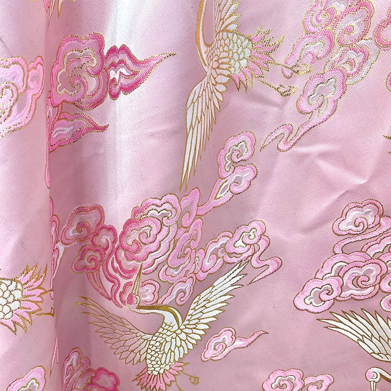 Pink Crane Brocade Fabric: 59"W Jacquard Satin Cheongsam Sewing Fabric