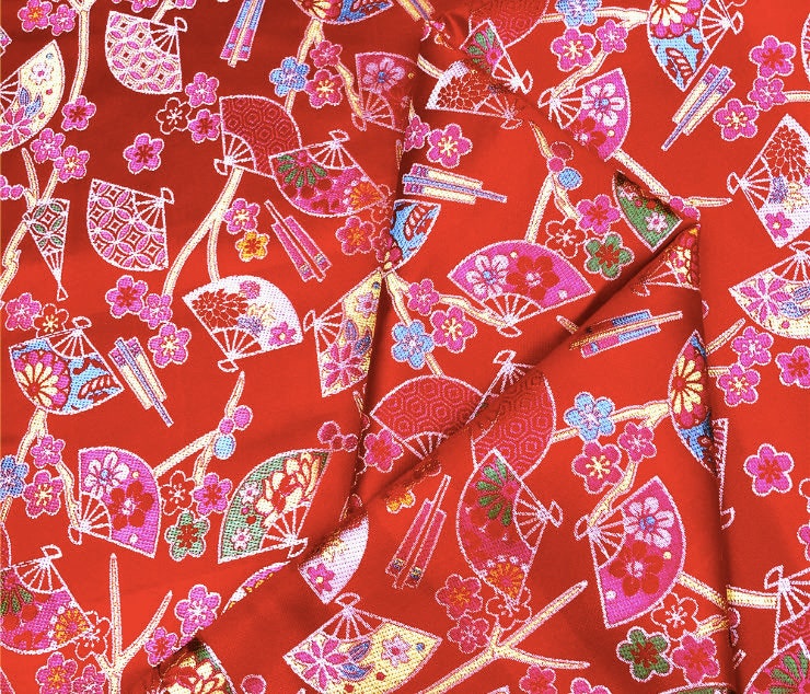 Japanese Fan Jacquard Brocade Fabric: Shiny Silk Rayon Blend, 59" Wide