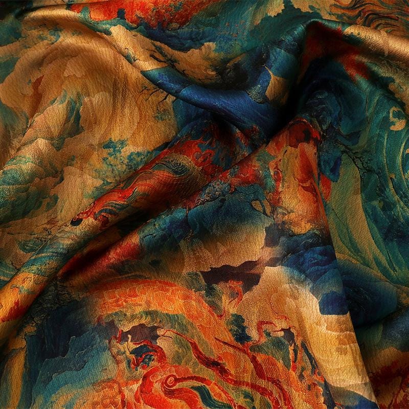 Tea Silk Satin Fabric: Ancient Painting Print, 59" Wide