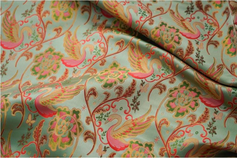 Swan Jacquard Fabric: 64"W Damask Upholstery Fabric - By The Meter