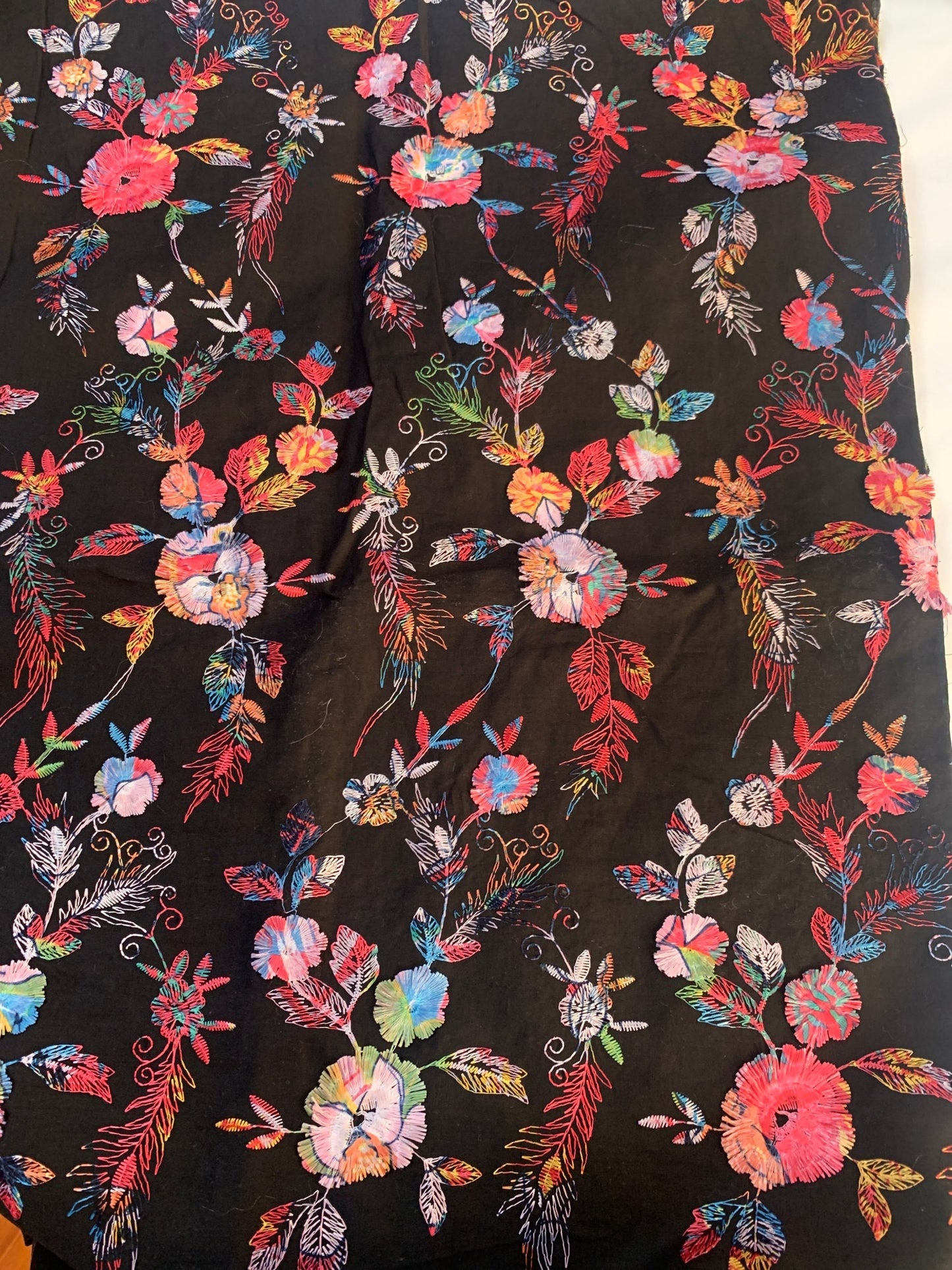 Floral Embroidery Fabric: Multicolor 3D Flowers, 100% Cotton (58"W)